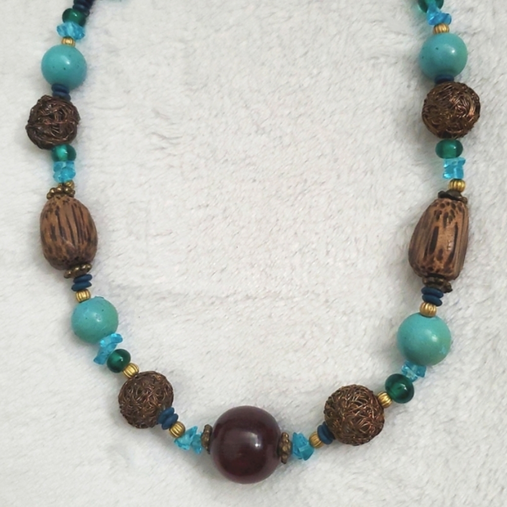 Artisan Made Turquoise and Brown Beaded Necklace - Picture 4 of 6